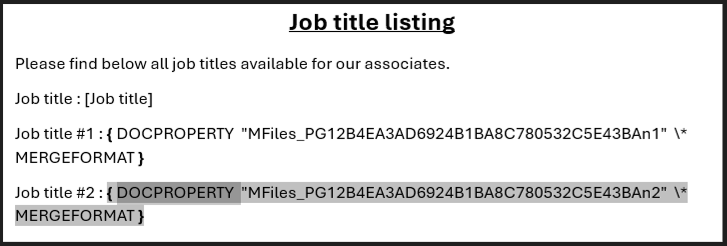 Word "Job title #1" and "Job title #2" DOCPROPERTY added