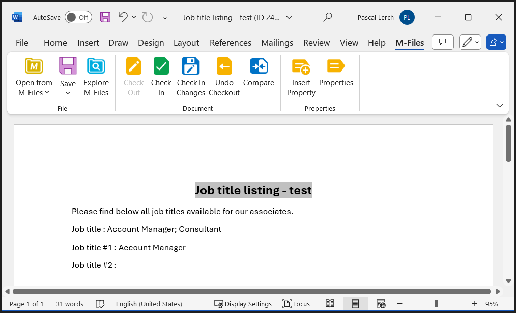 New "Job title listing - test" Word document with M-Files metadata properties values content displayed